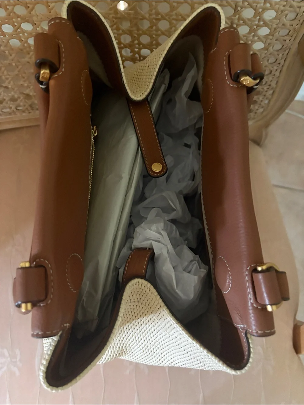 Tory Burch Brown Leather and Cream Woven Tote